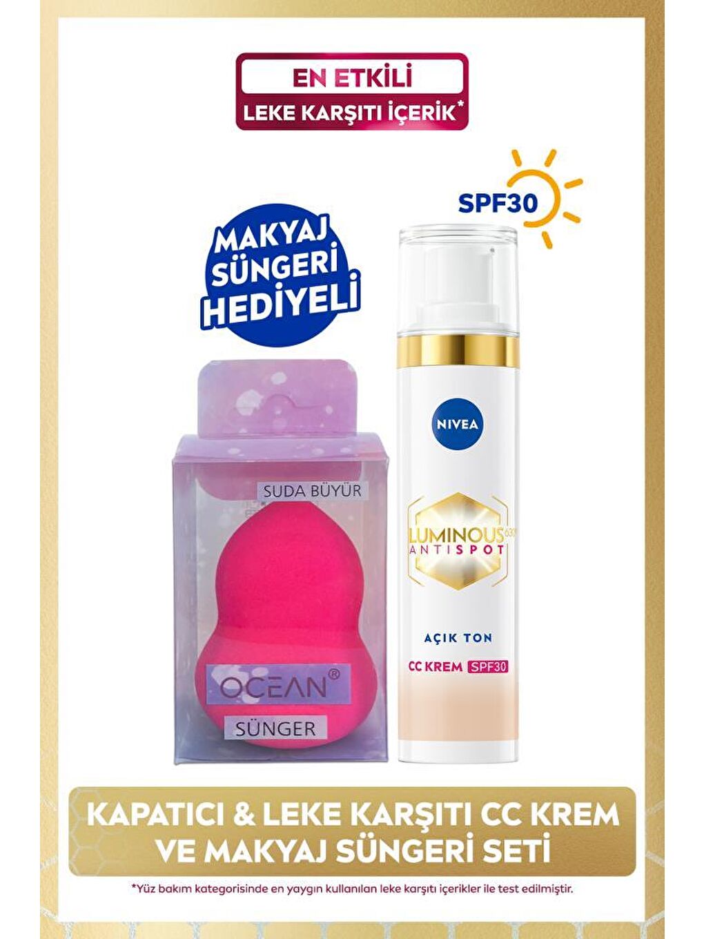 NIVEA Şeffaf Luminous630 Koyu Leke Karşıtı CC Krem 40ml, SPF30 Güneş Koruyucu, Açık Ton, Makyaj Süngeri Hed