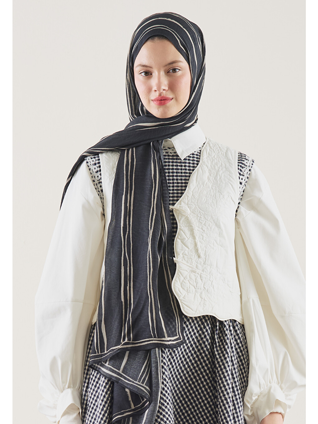 Striped Desen Rami Şal Siyah-2