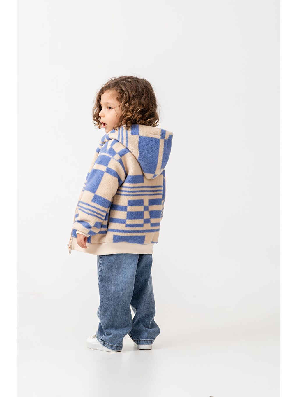 Karışık Erkek Çocuk Pamuklu Bej Mavi Kare Desenli Kapüşonlu Fermuarlı Polar Mont - Rahat Dış Giyim-7