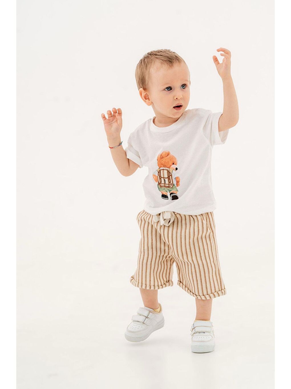 Karışık Pamuk Ayıcık Baskılı Beyaz Erkek Bebek Tişört Ve Çizgili Şort İkili Takım (6-24 Ay)-1