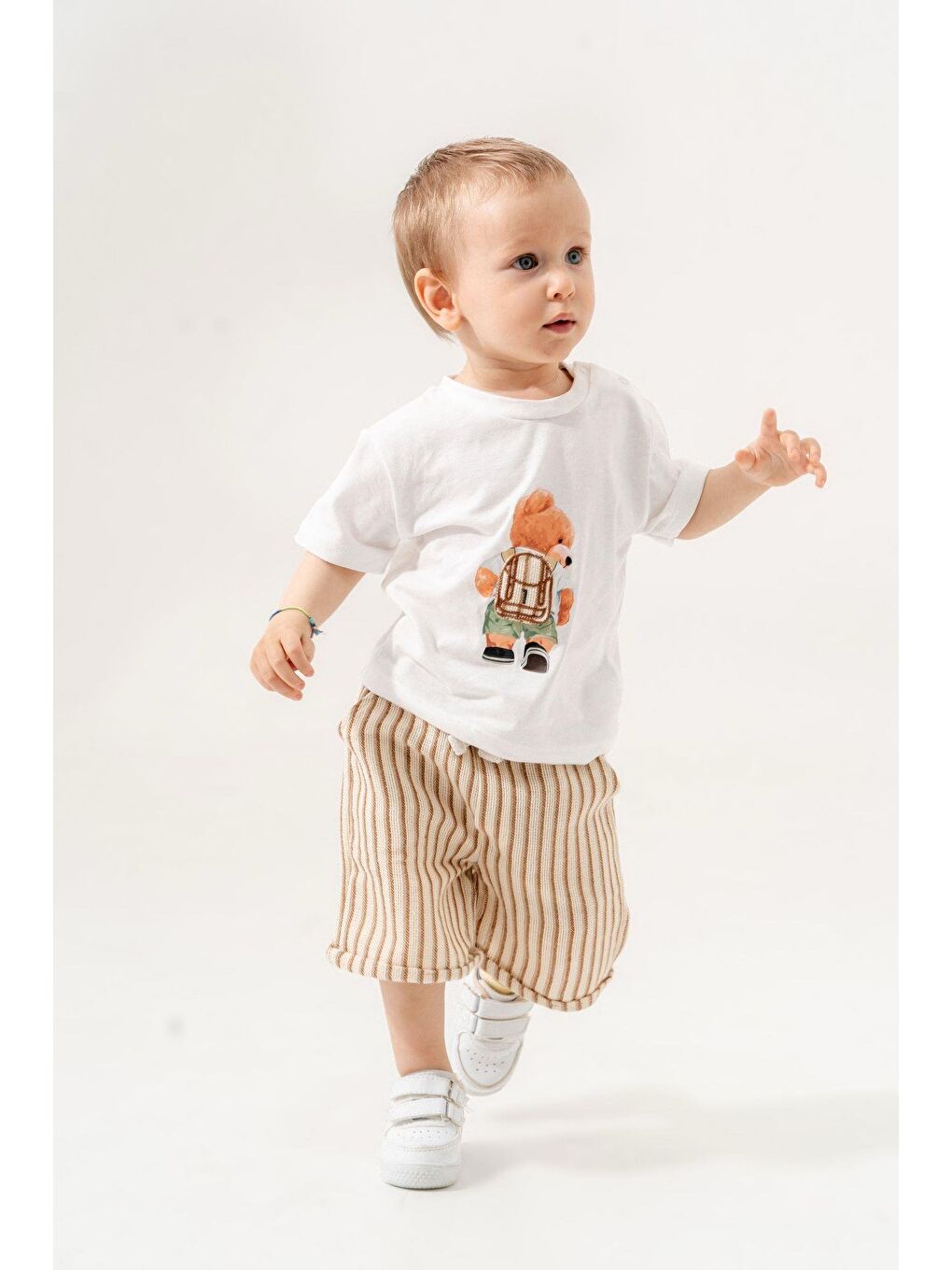 Karışık Pamuk Ayıcık Baskılı Beyaz Erkek Bebek Tişört Ve Çizgili Şort İkili Takım (6-24 Ay)-2