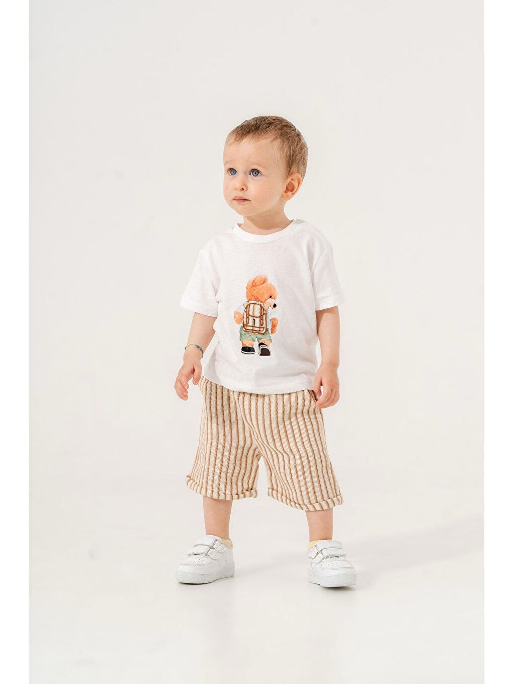 Karışık Pamuk Ayıcık Baskılı Beyaz Erkek Bebek Tişört Ve Çizgili Şort İkili Takım (6-24 Ay)-3