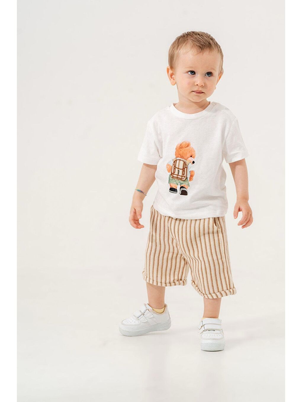 Karışık Pamuk Ayıcık Baskılı Beyaz Erkek Bebek Tişört Ve Çizgili Şort İkili Takım (6-24 Ay)-4