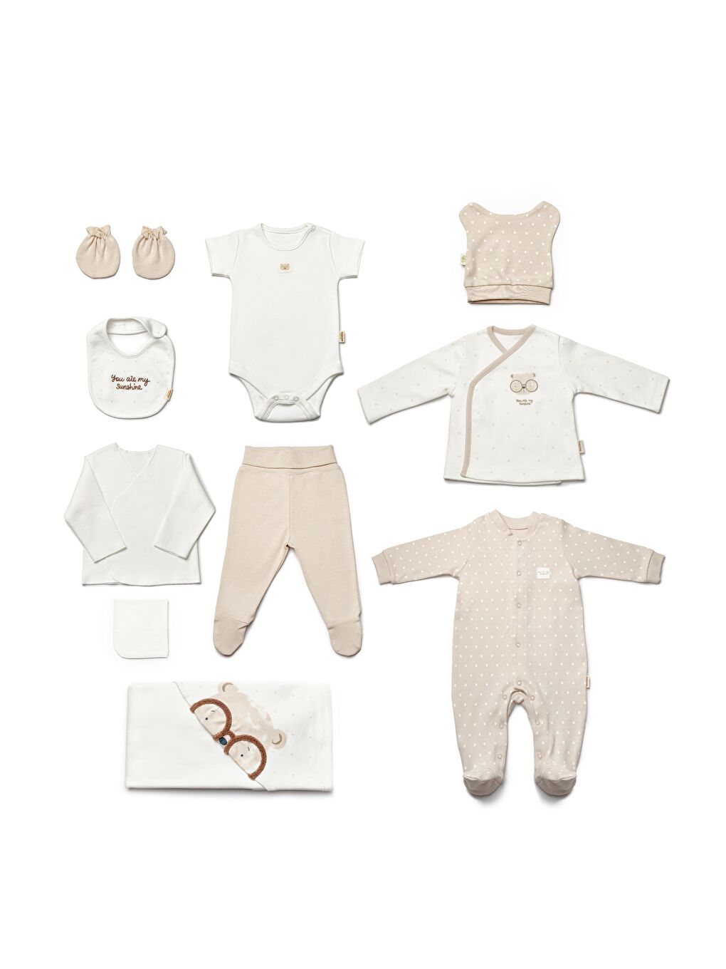 Karışık Unisex Bebek Organik Pamuklu Bej Ayıcık Desenli 10 Parça Hastane Çıkış Seti