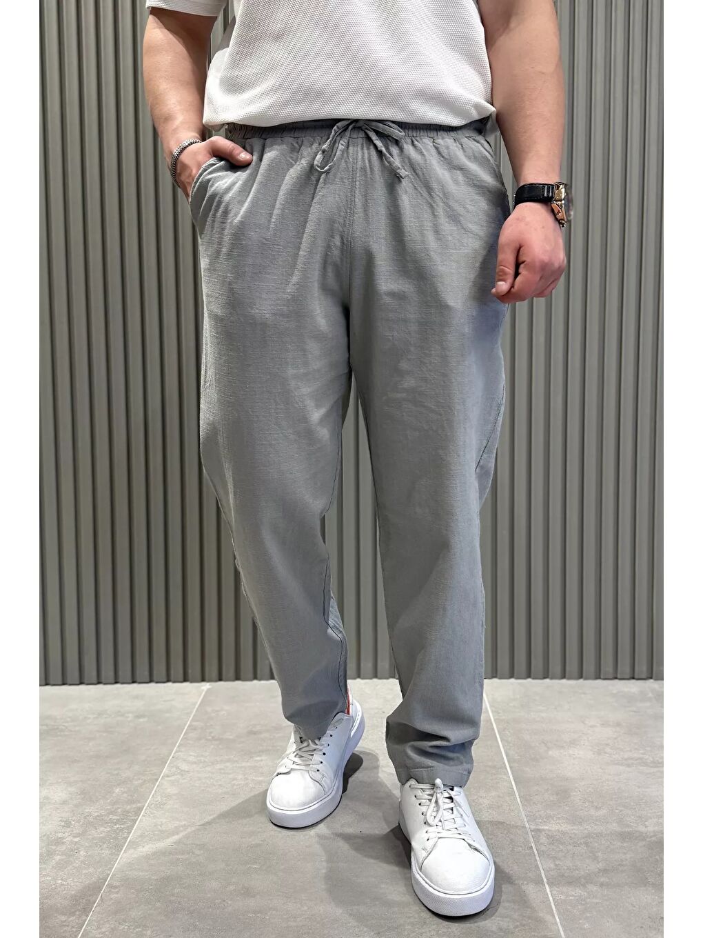 Gri Erkek Bel Bağlamalı Keten Jogger Pantolon