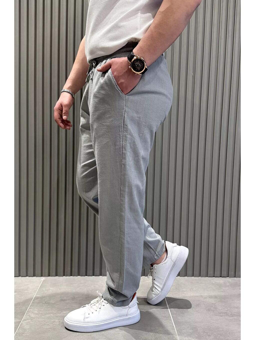 Gri Erkek Bel Bağlamalı Keten Jogger Pantolon-1