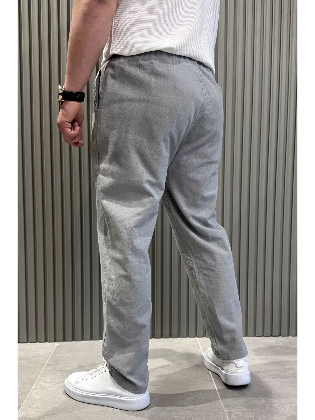 Gri Erkek Bel Bağlamalı Keten Jogger Pantolon-2