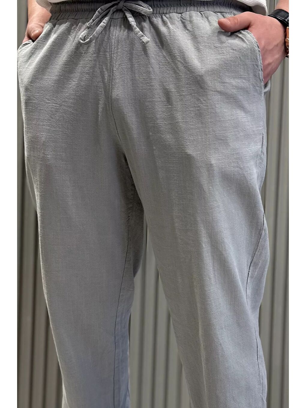 Gri Erkek Bel Bağlamalı Keten Jogger Pantolon-3