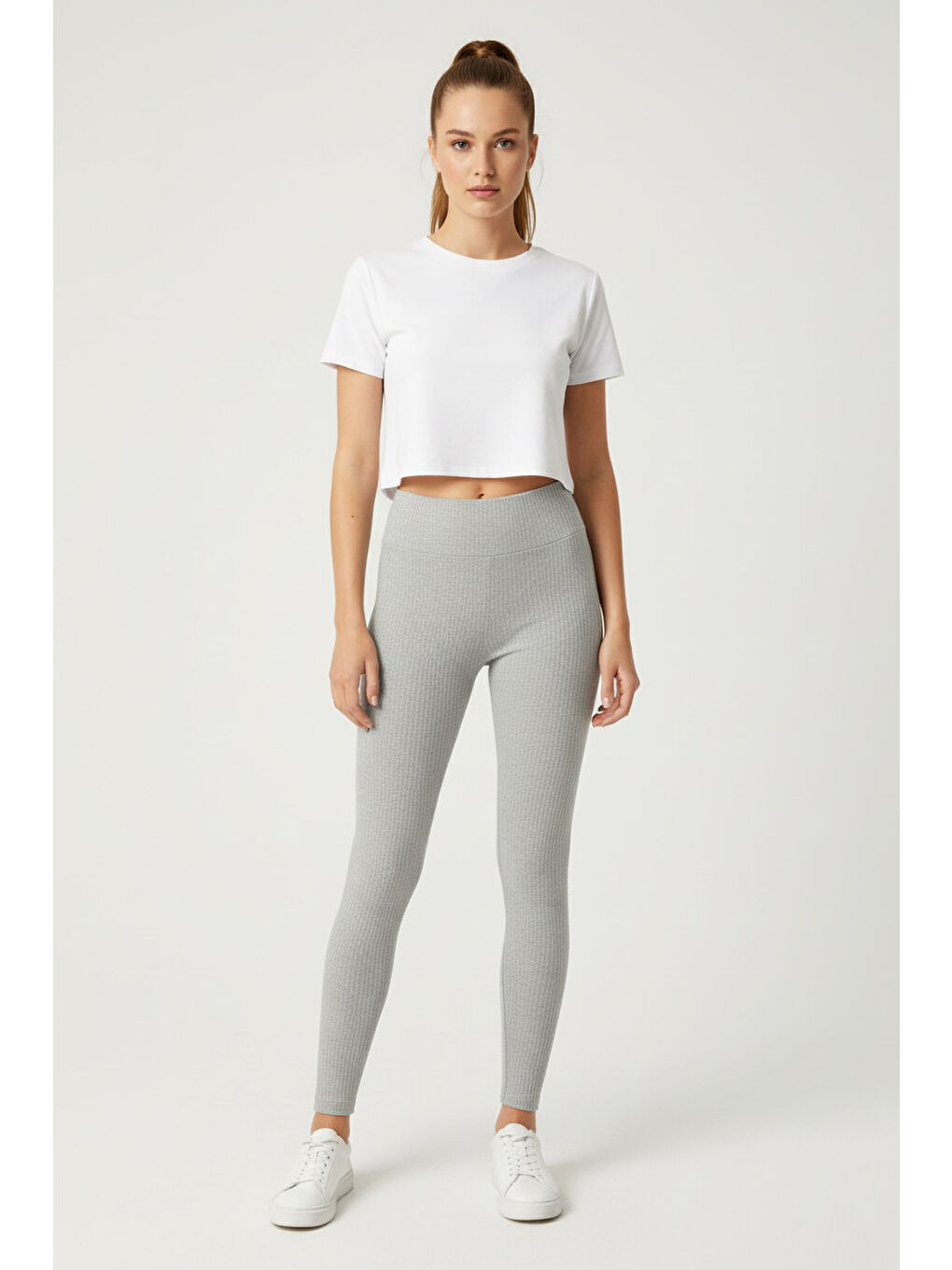 Yüksek Bel Fitilli Kaşkorse Tayt Gri - 27951-GRI