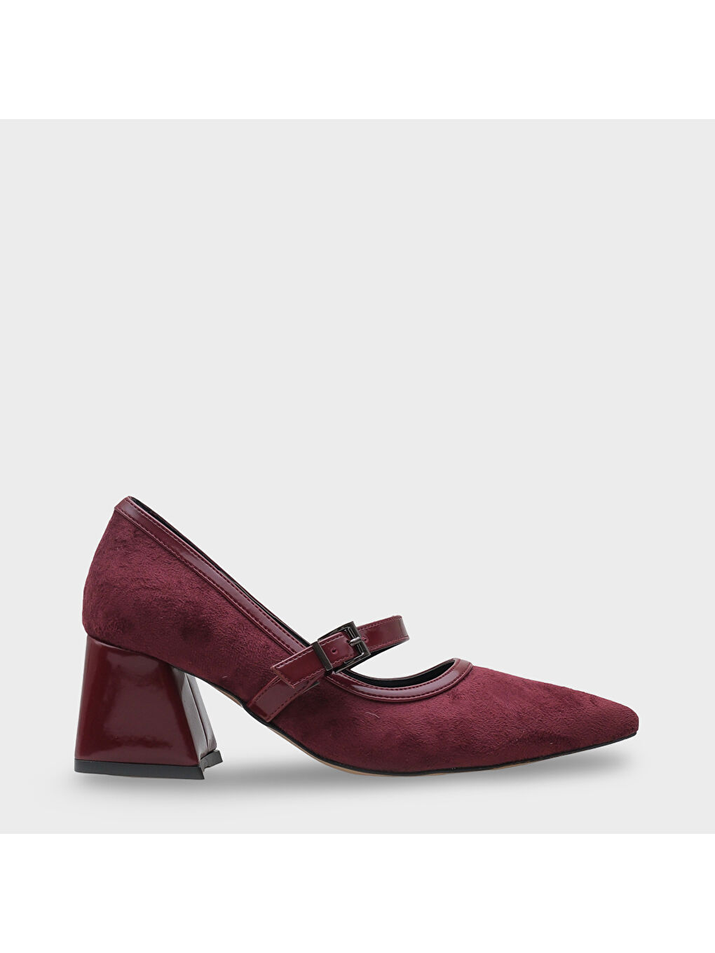 Bordo Susann Sivri Burunlu Kalın Orta Topuklu Bantlı Suni Süet Kadın Ayakkabı