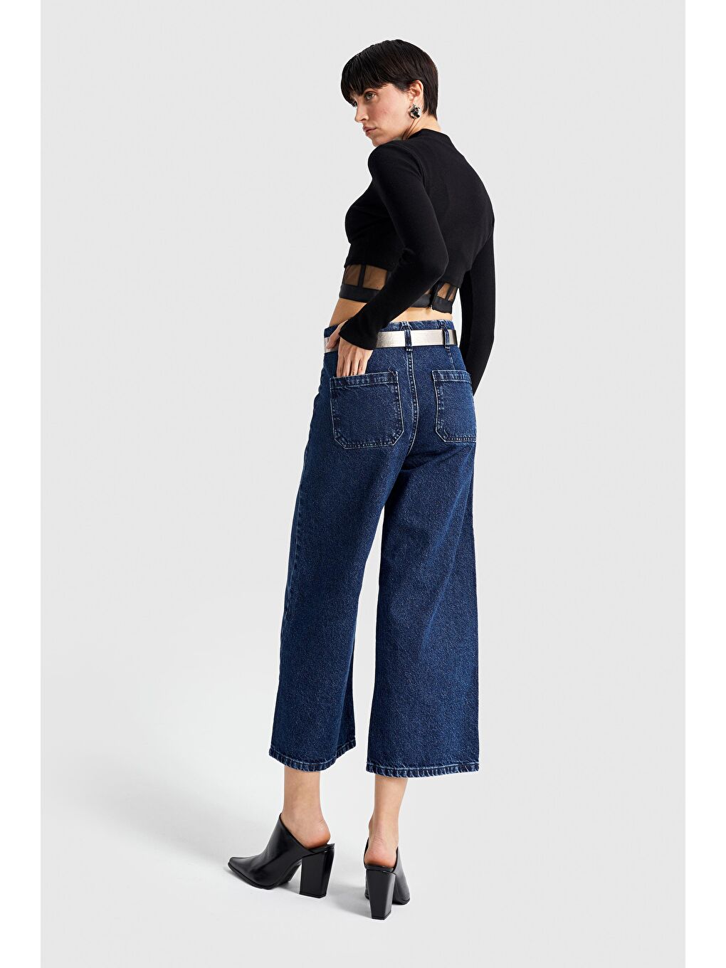 it's basic Koyu Mavi Kadın Koyu Mavi Renk Culotte Fit Kemerli Denim Pantolon - 2