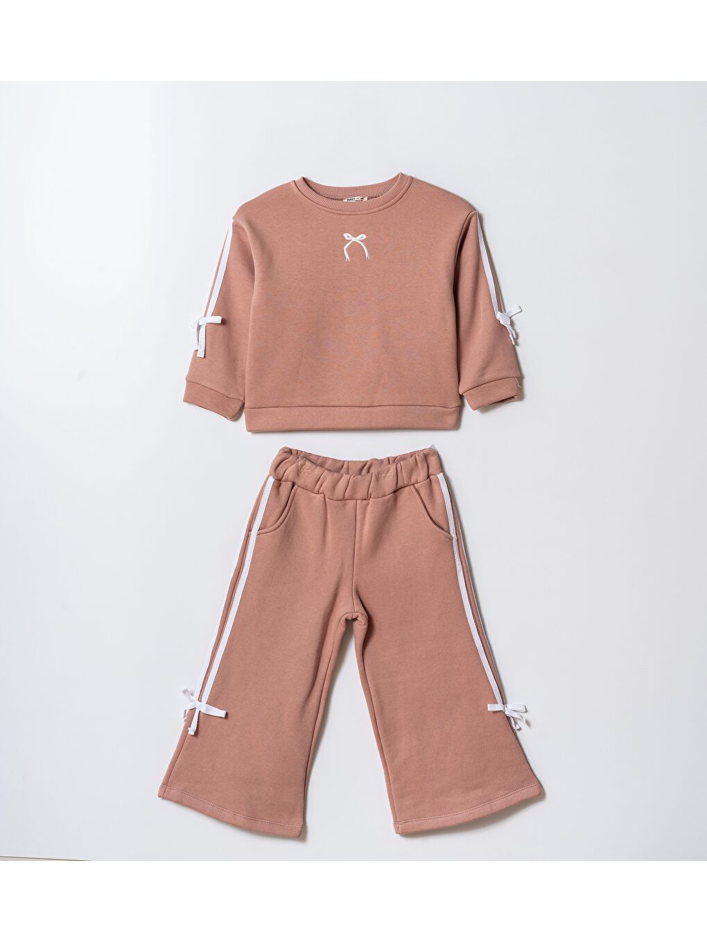 Kahverengi Kız Çocuk Pamuklu Kiremit Fiyonk Nakışlı Sweatshirt Ve Şeritli Eşofman Takım-1