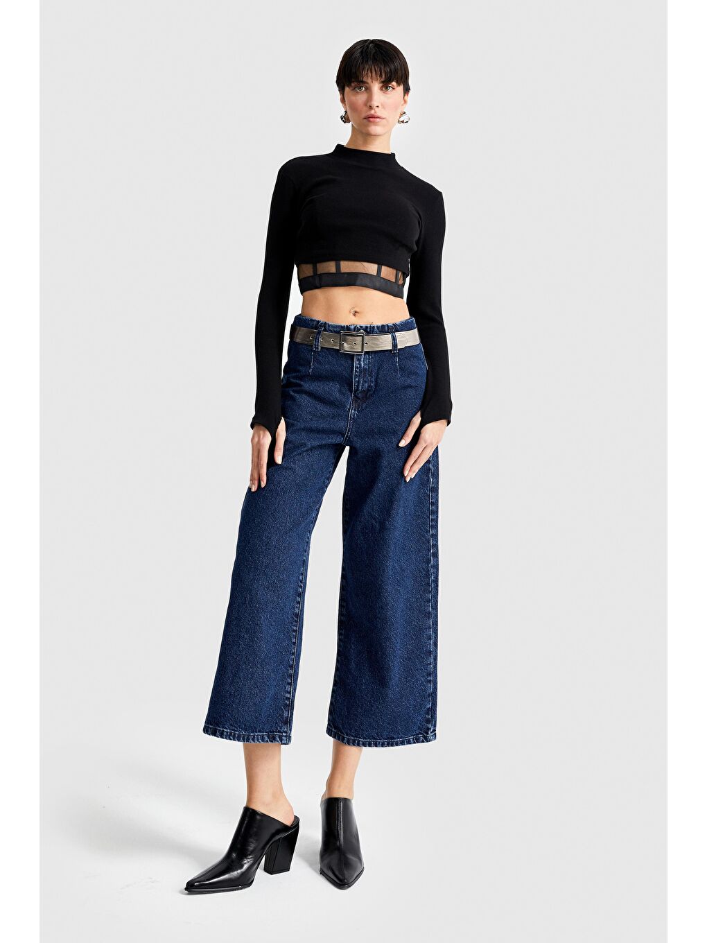 it's basic Koyu Mavi Kadın Koyu Mavi Renk Culotte Fit Kemerli Denim Pantolon - 3