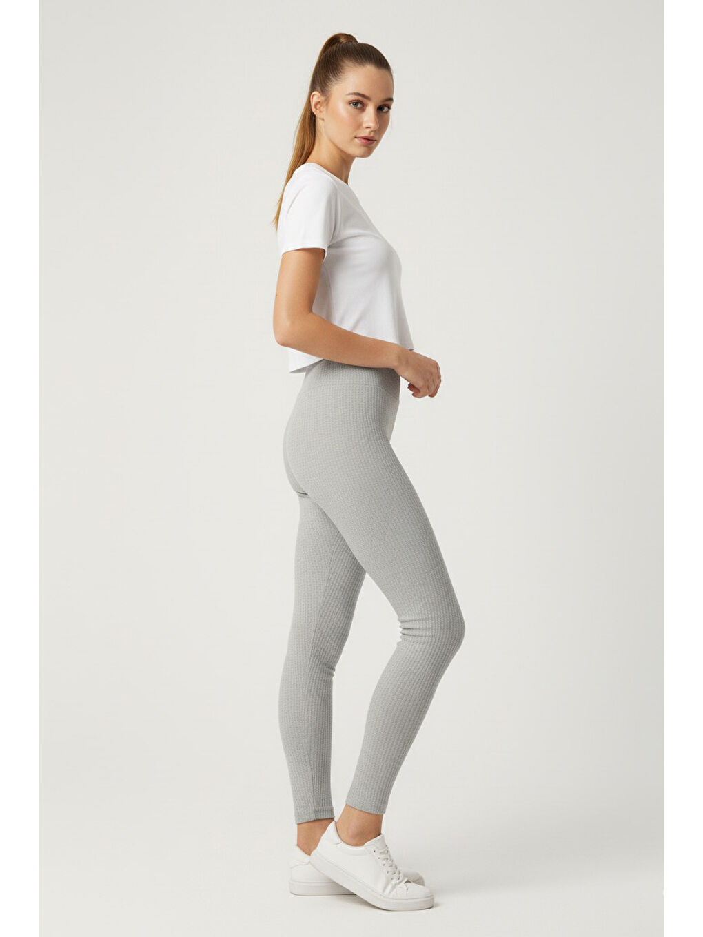 Yüksek Bel Fitilli Kaşkorse Tayt Gri - 27951-GRI-2