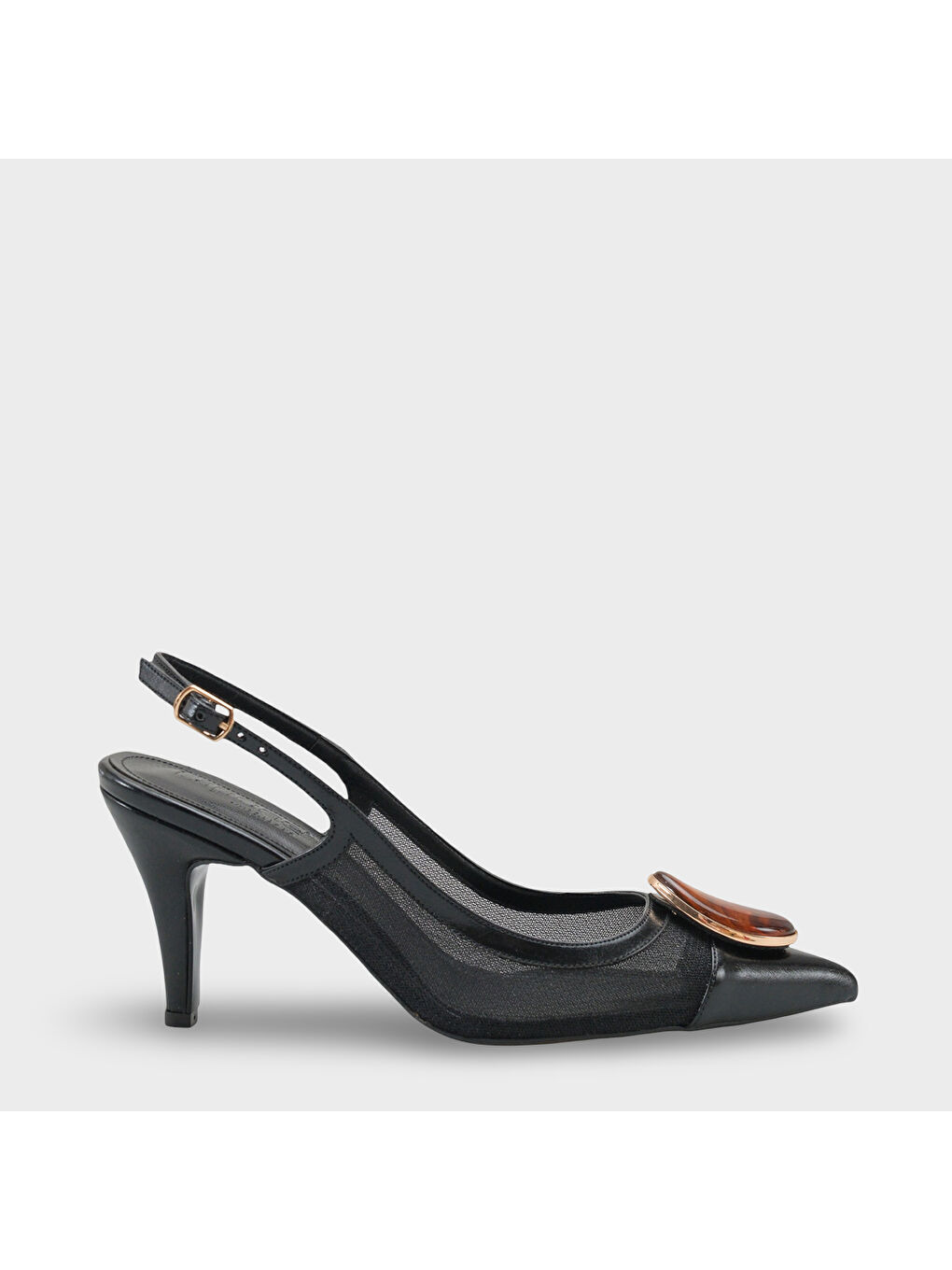 Siyah Liane Orta Topuklu Taşlı Fileli Arkası Açık Kadın Ayakkabı