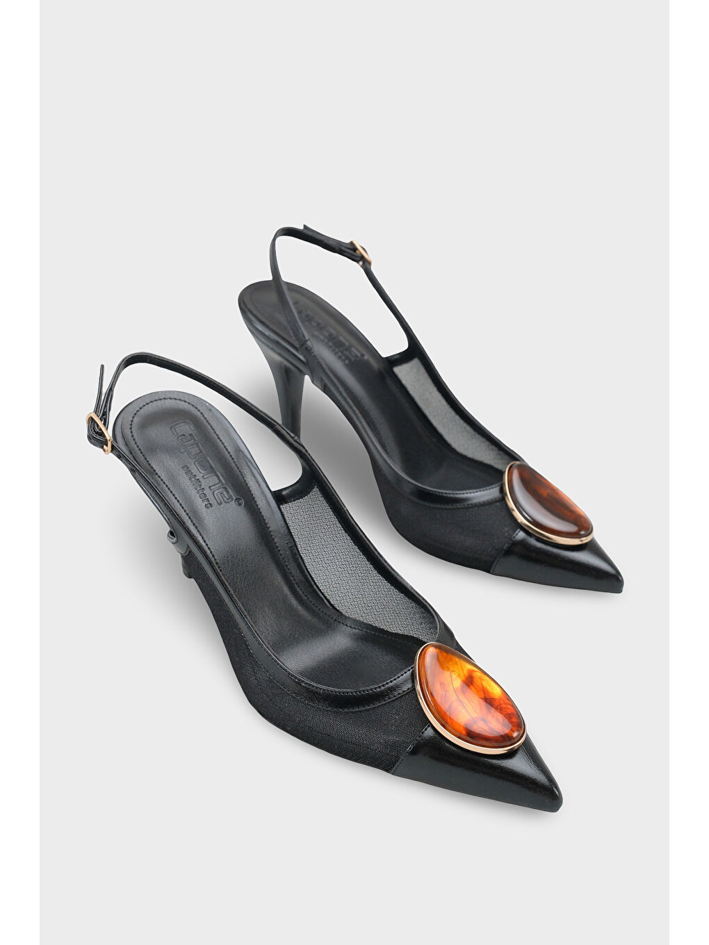 Siyah Liane Orta Topuklu Taşlı Fileli Arkası Açık Kadın Ayakkabı-1