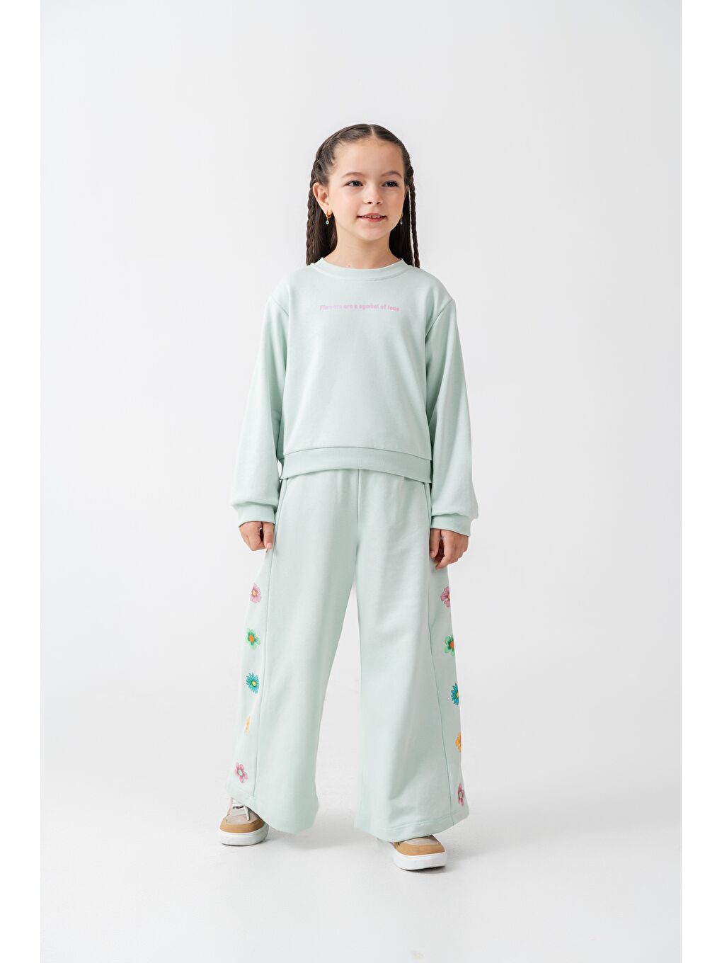 Kız Çocuk Pamuklu Mint Yeşil Çiçek Nakışlı Sweatshirt Ve Eşofman Takım