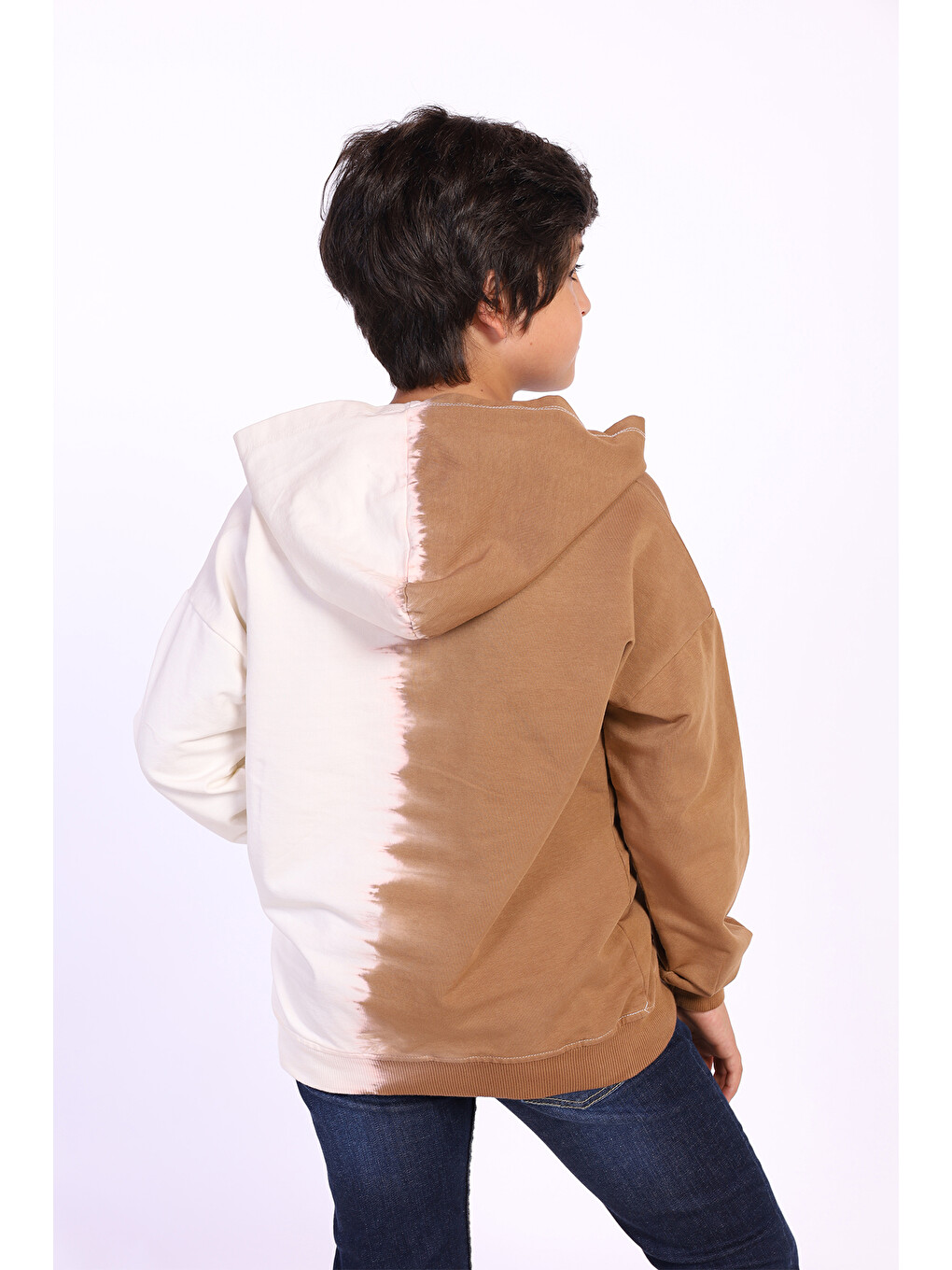 Kahverengi Erkek Çocuk Kapüşonlu Baskılı İki Renkli Sweatshirt-1