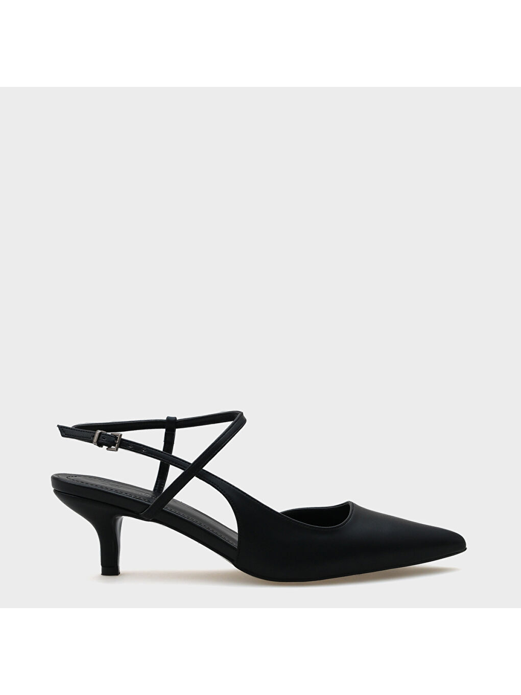 Siyah Perla Orta Topuklu Bilekten Bantlı Sivri Burunlu Kadın Ayakkabı-1