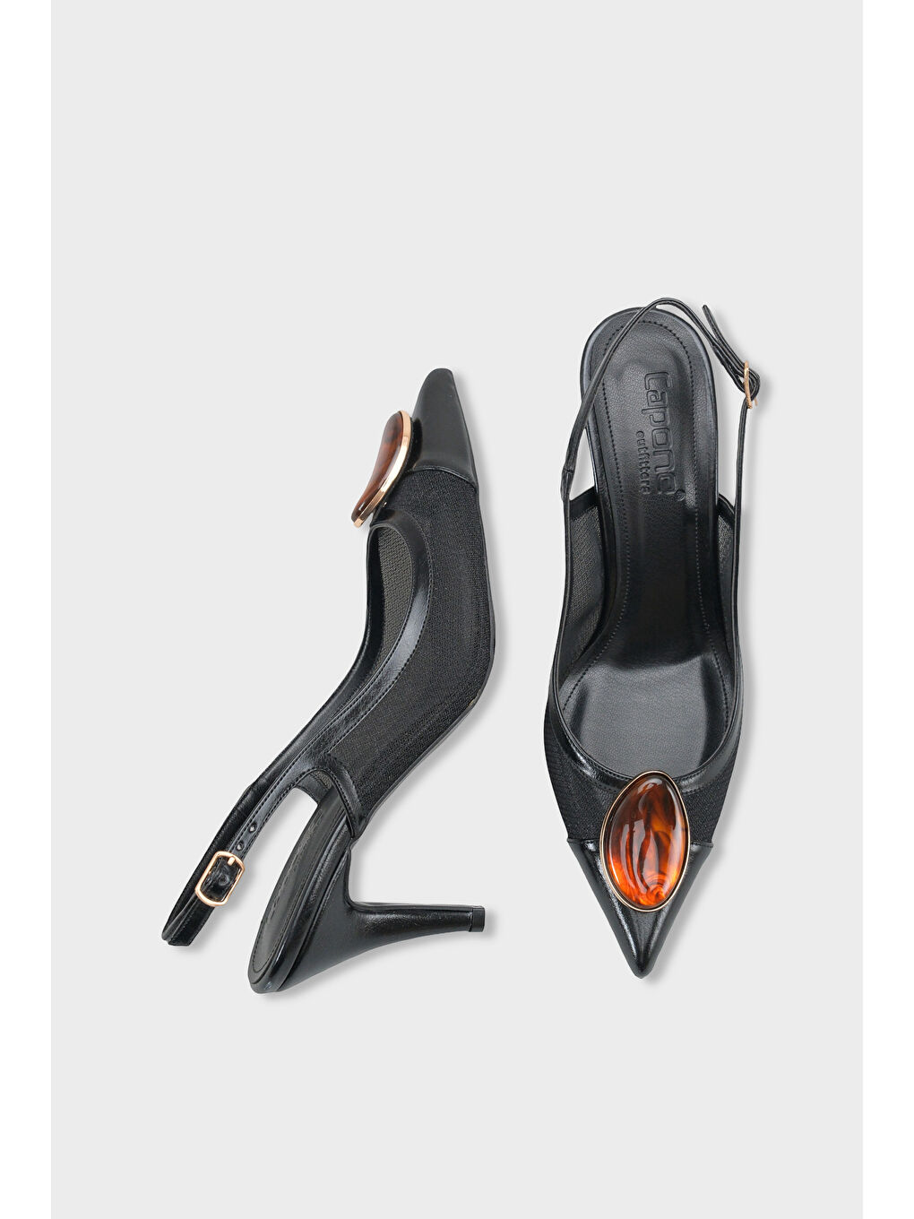 Siyah Liane Orta Topuklu Taşlı Fileli Arkası Açık Kadın Ayakkabı-4