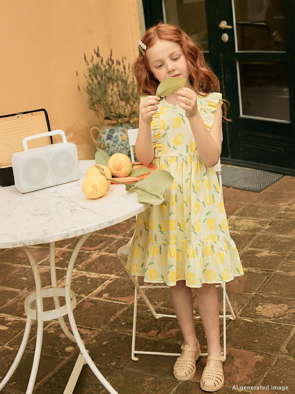 Girls Limon Desenli 6-9 Yaş Elbise - Sarı