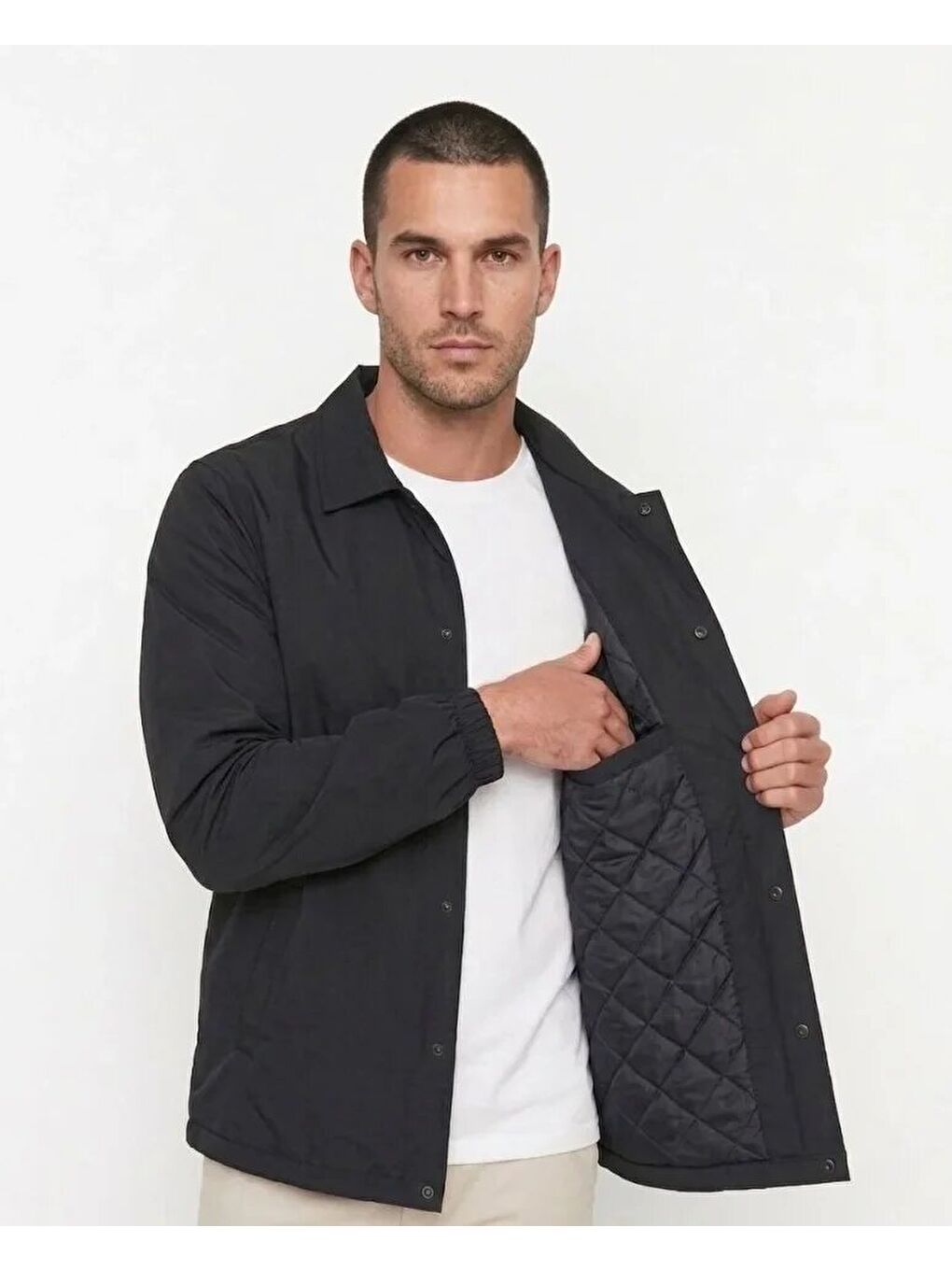 Siyah Erkek Yağmur İtici İç Astarlı Çıtçıtlı İç Cepli Dış Cepli Mevsimlik Mont-1