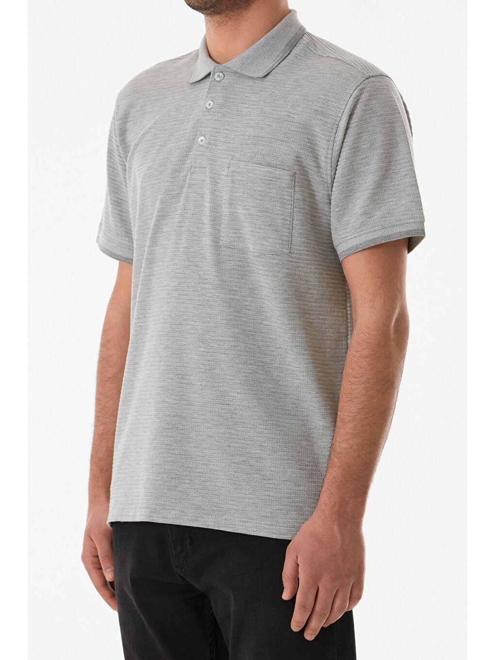 Gri Cepli Düğmeli Polo Yaka Tişört-4