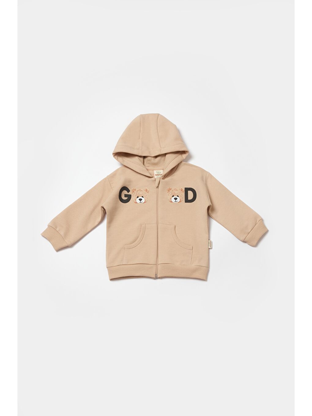 Bebek Pamuklu Bej Kapüşonlu Ayıcık Baskılı Eşofman Takımı - İki Parça-1