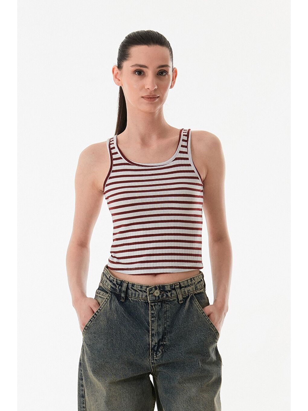 Bordo Çizgili U Yaka Body