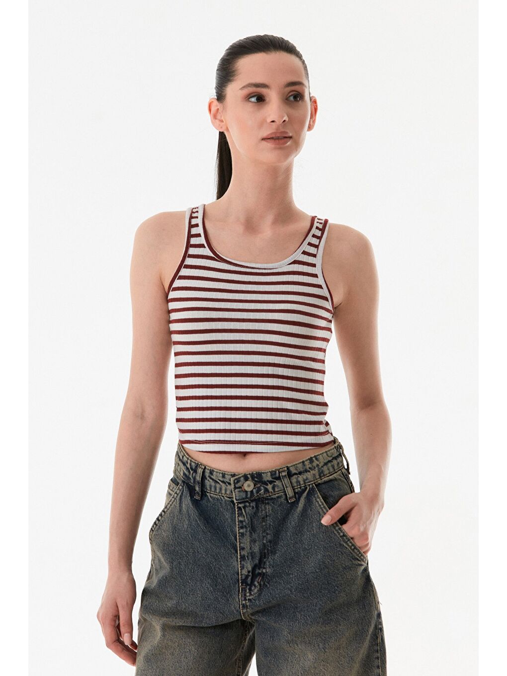 Bordo Çizgili U Yaka Body-1