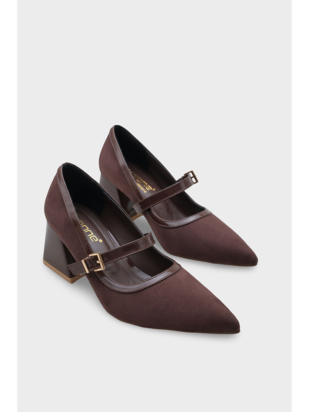 Kahverengi Susann Sivri Burunlu Kalın Orta Topuklu Bantlı Suni Süet Kadın Ayakkabı-1