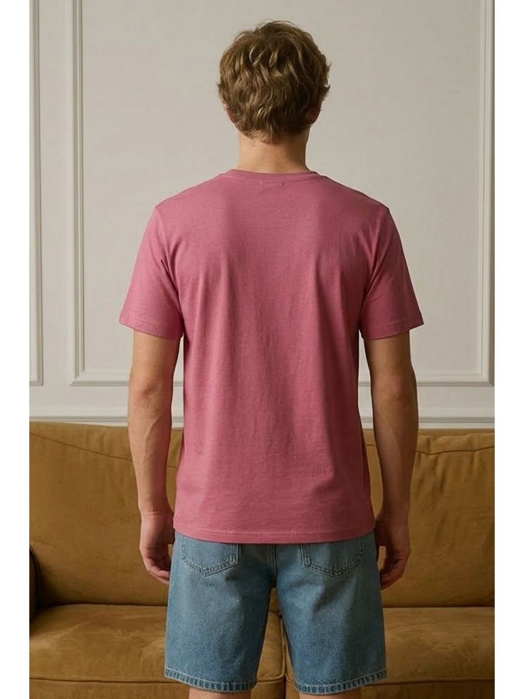 Pembe Erkek Kısa Kol Rahat Pamuklu Pudra Tişört-5