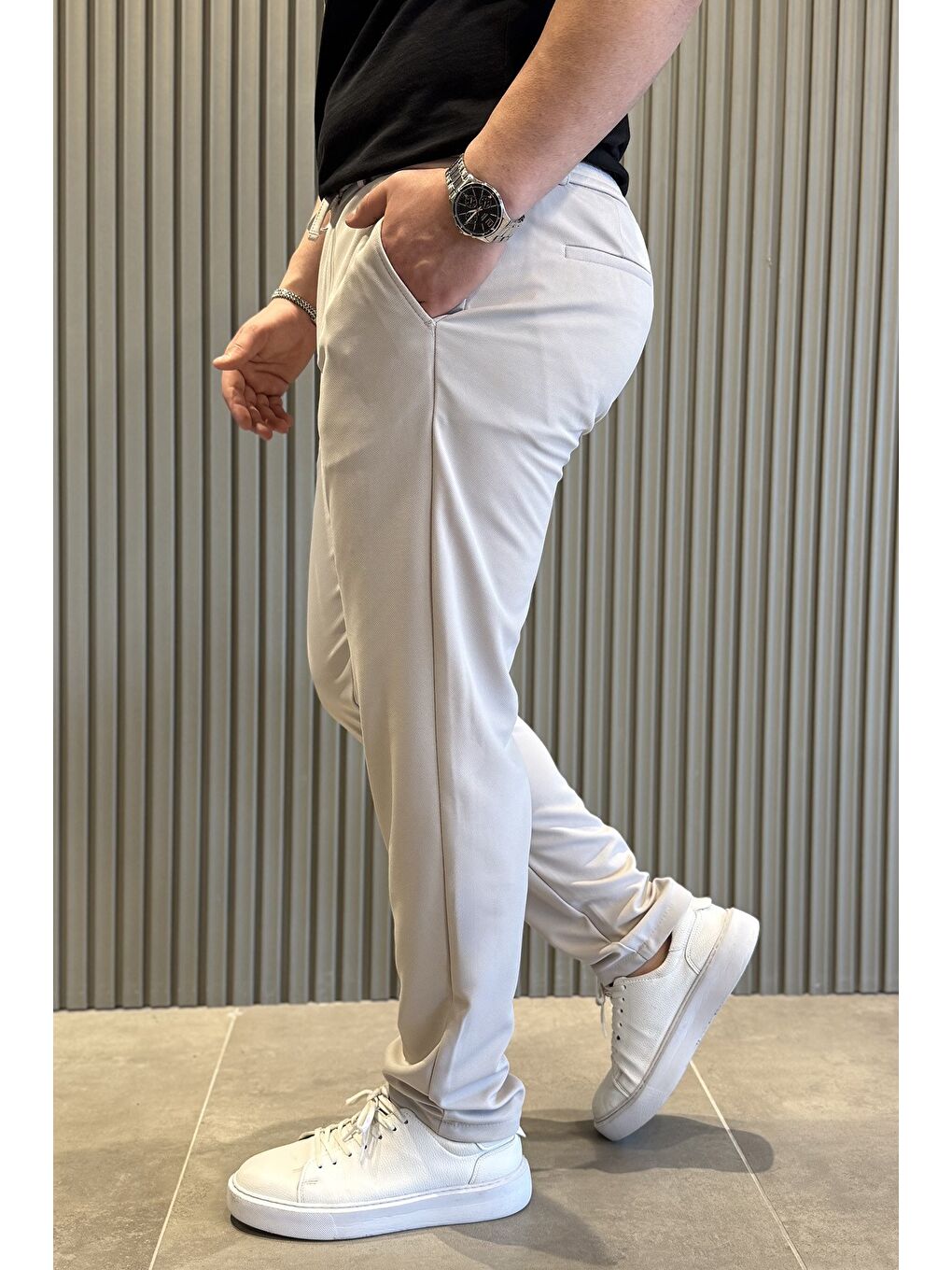 Bej Bel Bağcıklı Fermuarlı Erkek Jogger Pantolon-1