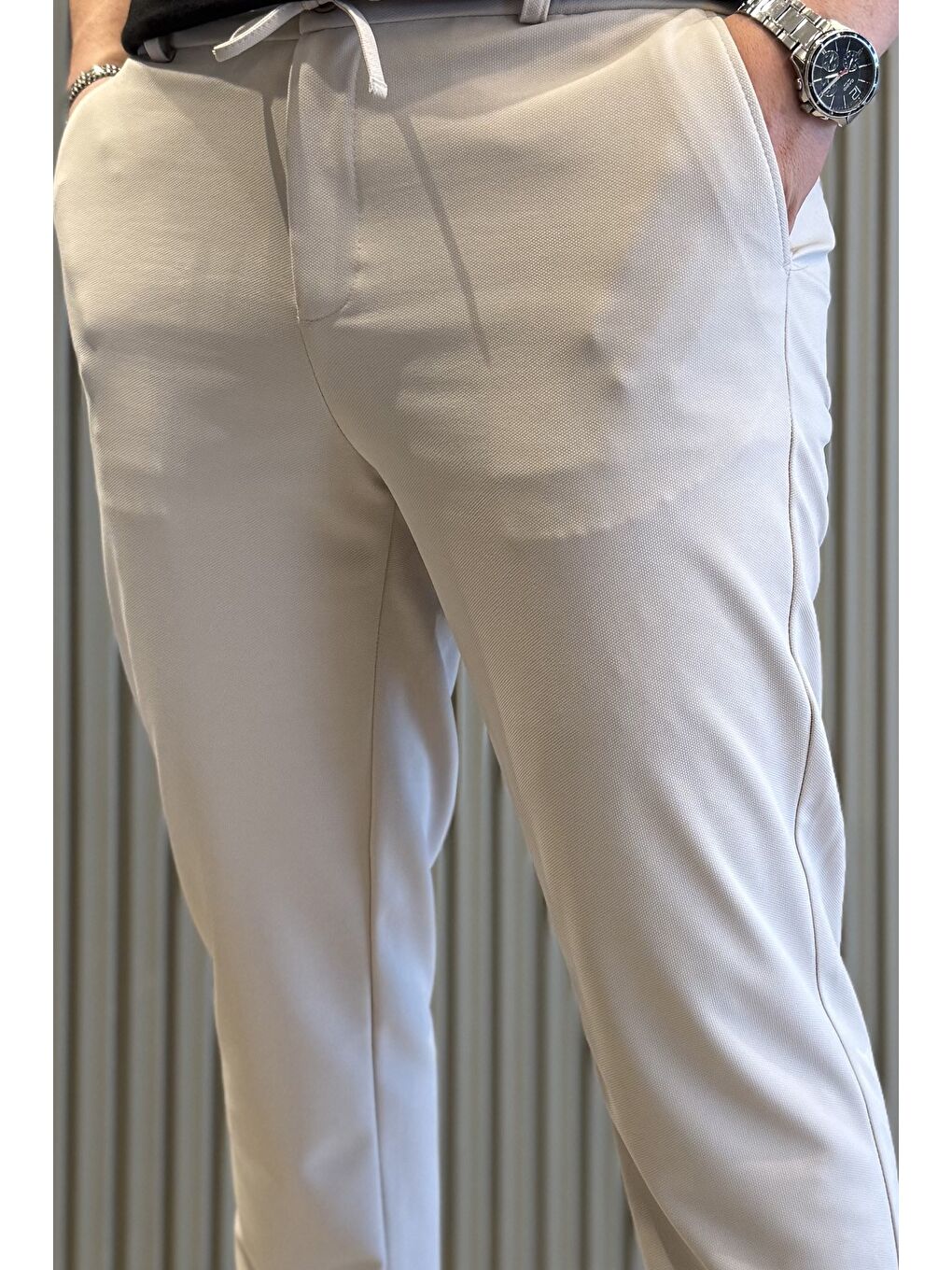 Bej Bel Bağcıklı Fermuarlı Erkek Jogger Pantolon-3