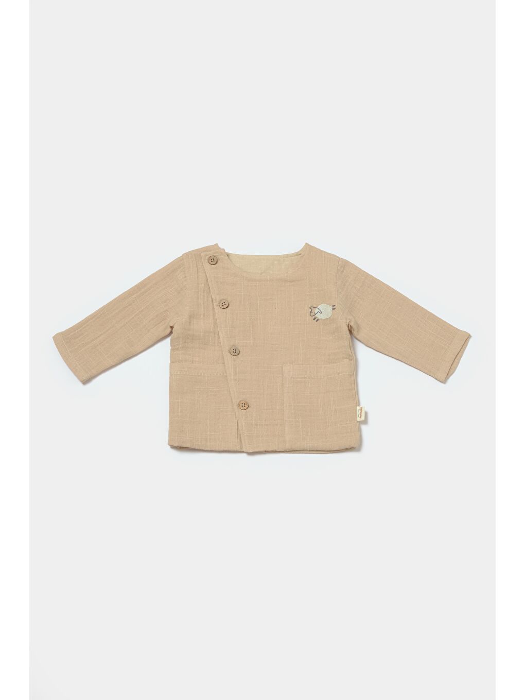 Kahverengi Unisex Bebek Organik Pamuklu  Müslin Yandan Düğmeli Takım – Kuzu Nakış Detaylı-1