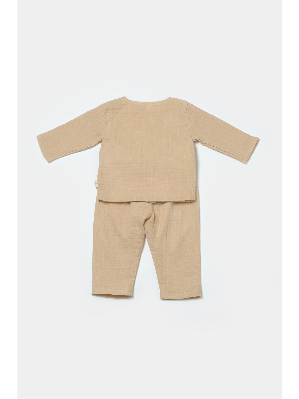 Kahverengi Unisex Bebek Organik Pamuklu  Müslin Yandan Düğmeli Takım – Kuzu Nakış Detaylı-2