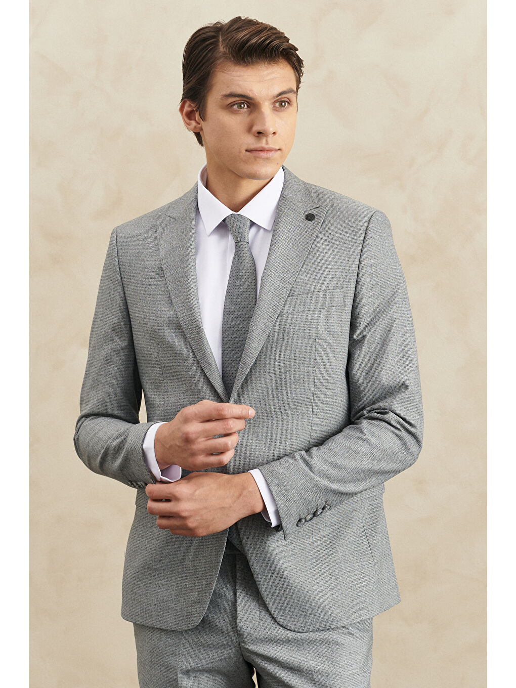 Erkek Gri Ekstra Slim Fit Dar Kesim Kırlangıç Yaka Desenli Takım Elbise