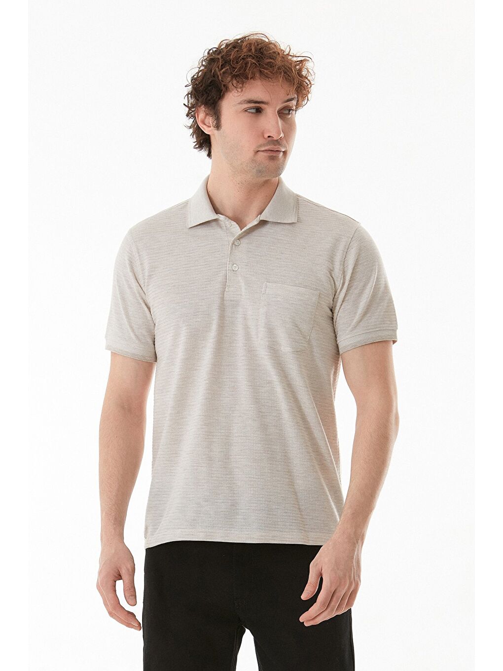 Bej Cepli Düğmeli Polo Yaka Tişört-1