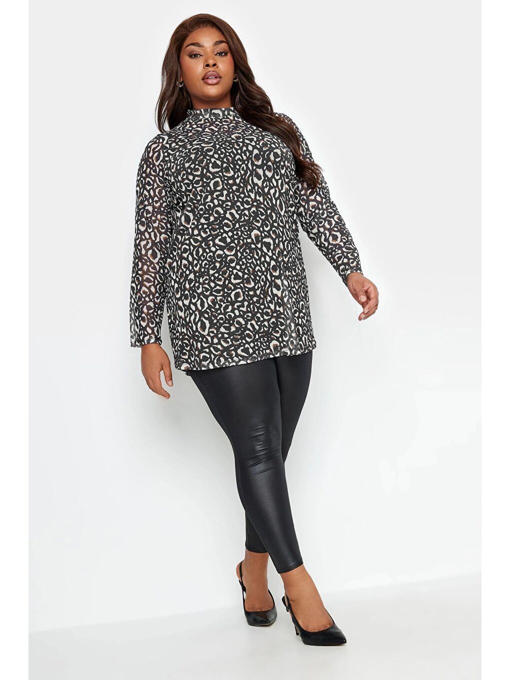 Stil Diva Gri Büyük Beden Boğazlı Kolları Tül Detaylı İçi Astarlı Leopar Desenli Bluz 302698 - 3