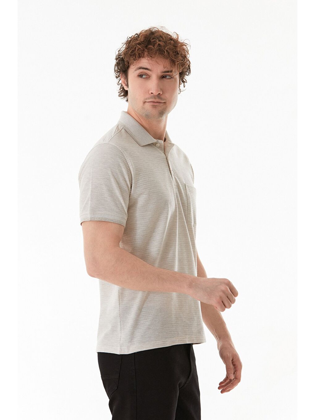 Bej Cepli Düğmeli Polo Yaka Tişört-3