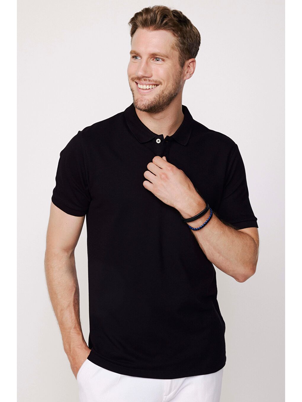 Karışık Erkek Slim Fit %100 Pamuk Yumuşak Doku 5'Li Beyaz-Siyah-Lacivert-Açık Haki-Mavi Düz Polo Yaka Tişört-2