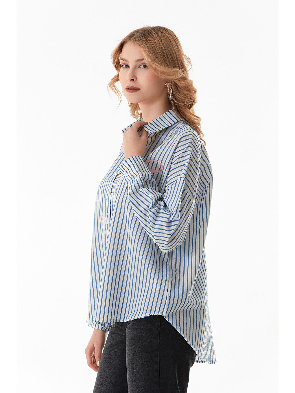 Mavi Çizgili Kurdele Baskılı Arkası Uzun Salaş Gömlek-2