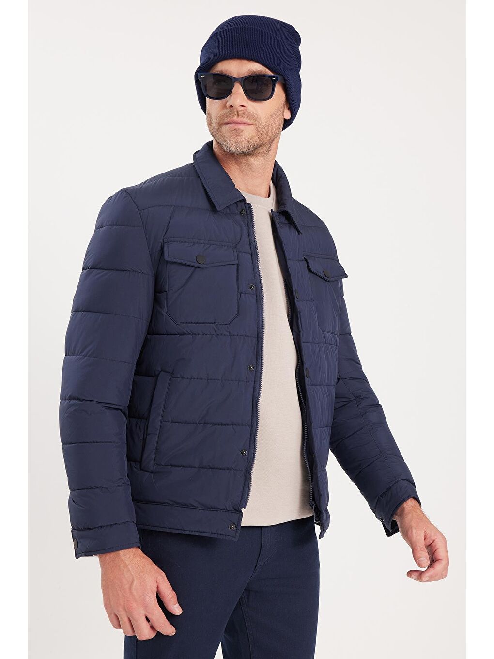 Erkek Regular Fit Klasik Kesim Çift Cepli Çıtçıt Kapamalı Sıcak Tutan Koyu Mavi Mont