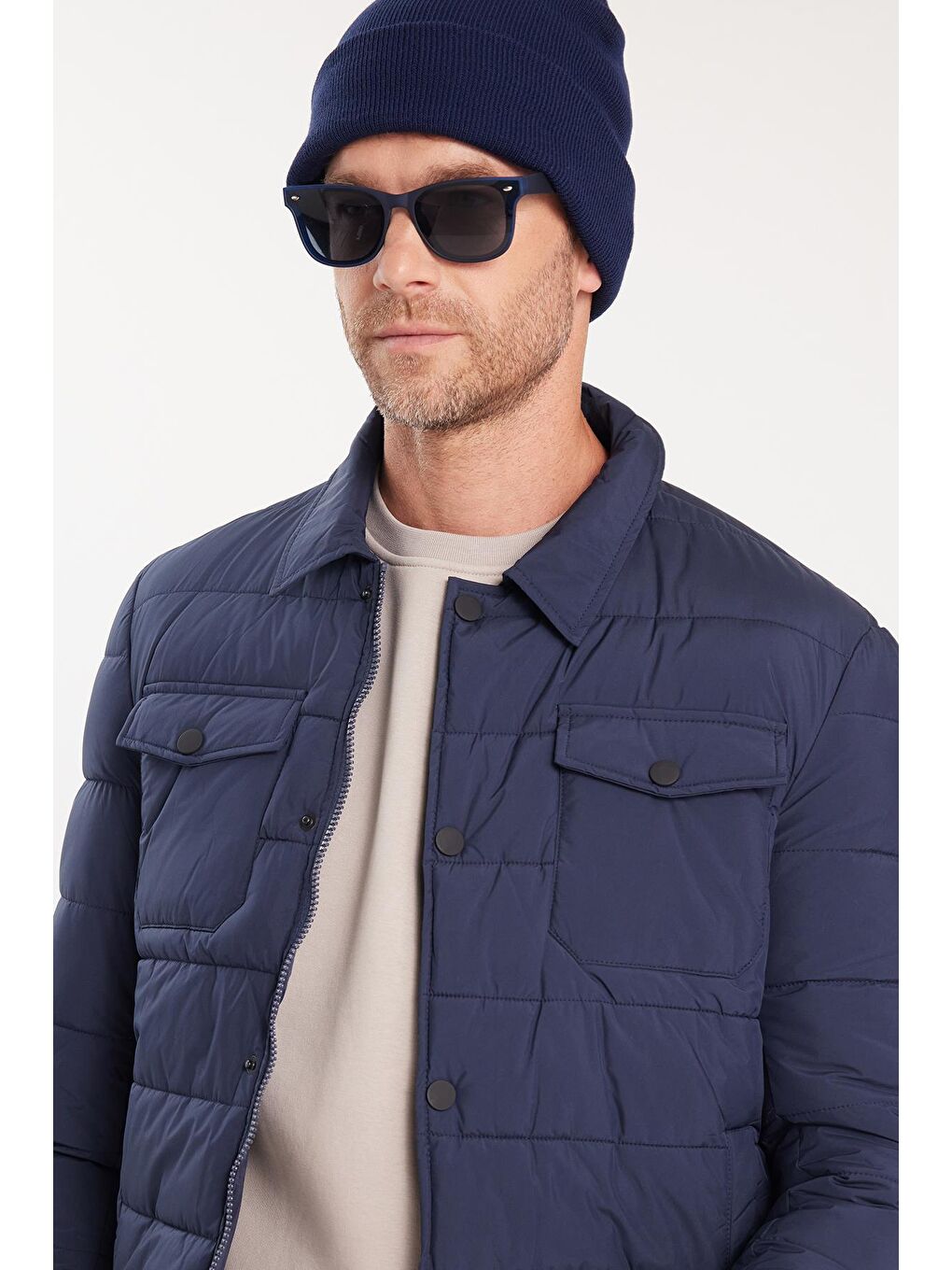 Erkek Regular Fit Klasik Kesim Çift Cepli Çıtçıt Kapamalı Sıcak Tutan Koyu Mavi Mont-1