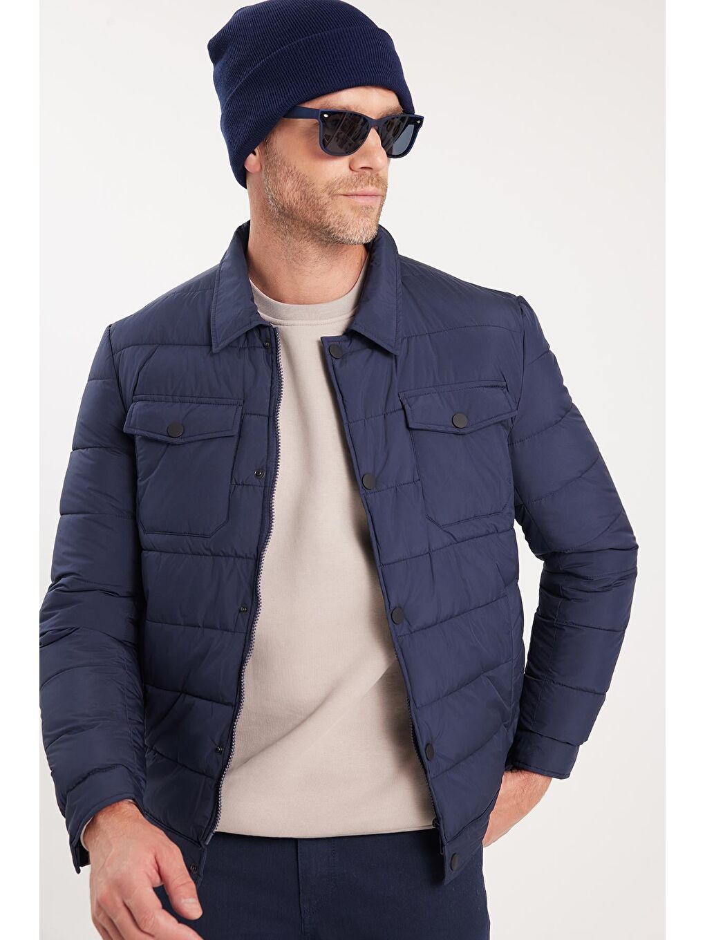 Erkek Regular Fit Klasik Kesim Çift Cepli Çıtçıt Kapamalı Sıcak Tutan Koyu Mavi Mont-3