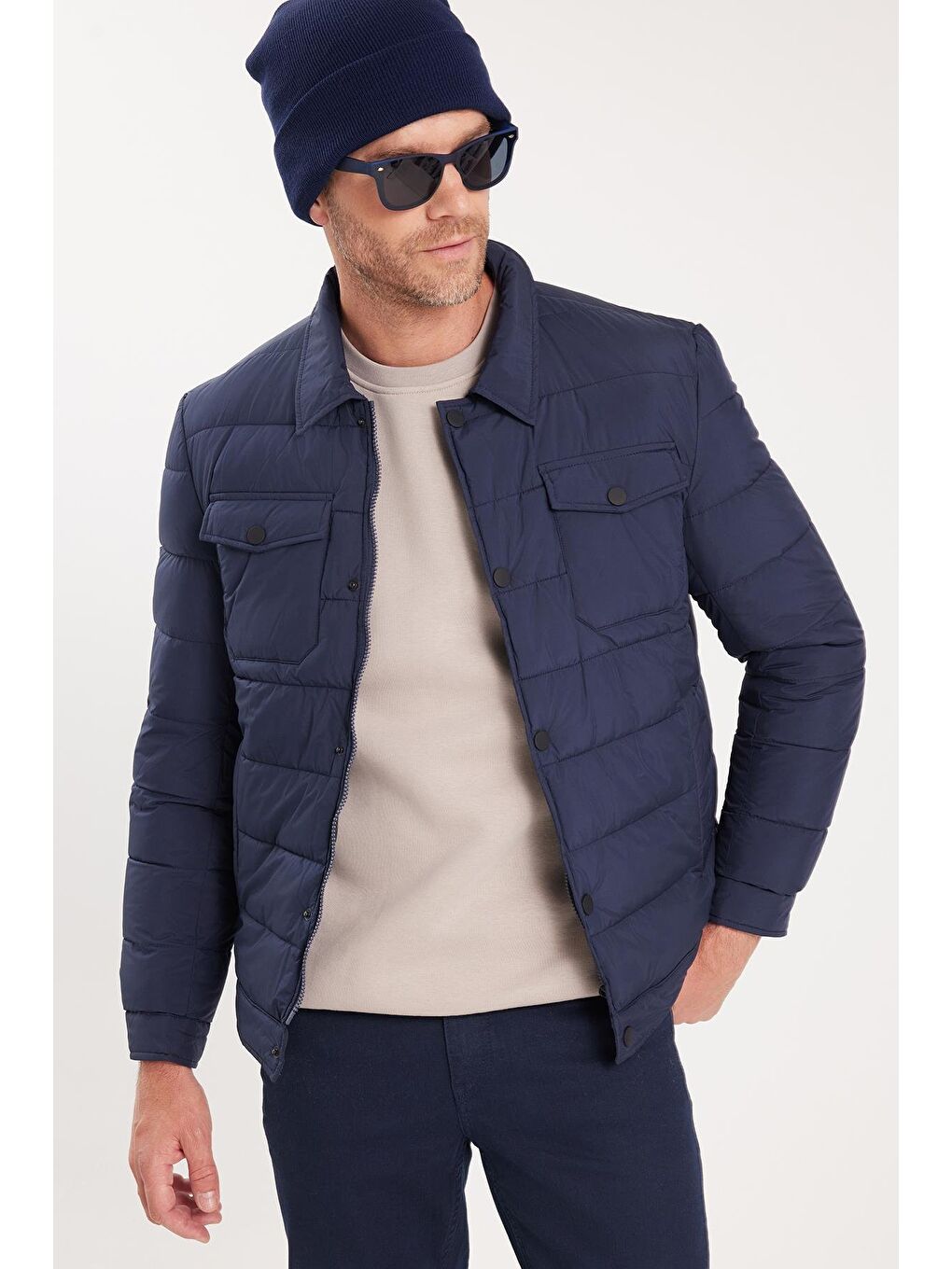 Erkek Regular Fit Klasik Kesim Çift Cepli Çıtçıt Kapamalı Sıcak Tutan Koyu Mavi Mont-4