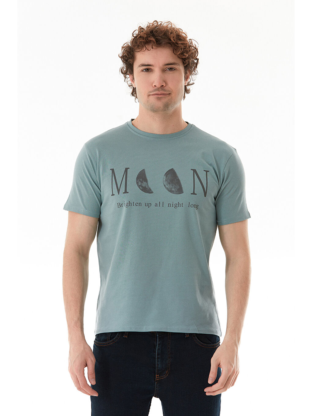 Yeşil Moon Yazı Ve Ay Baskılı Bisiklet Yaka Tişört