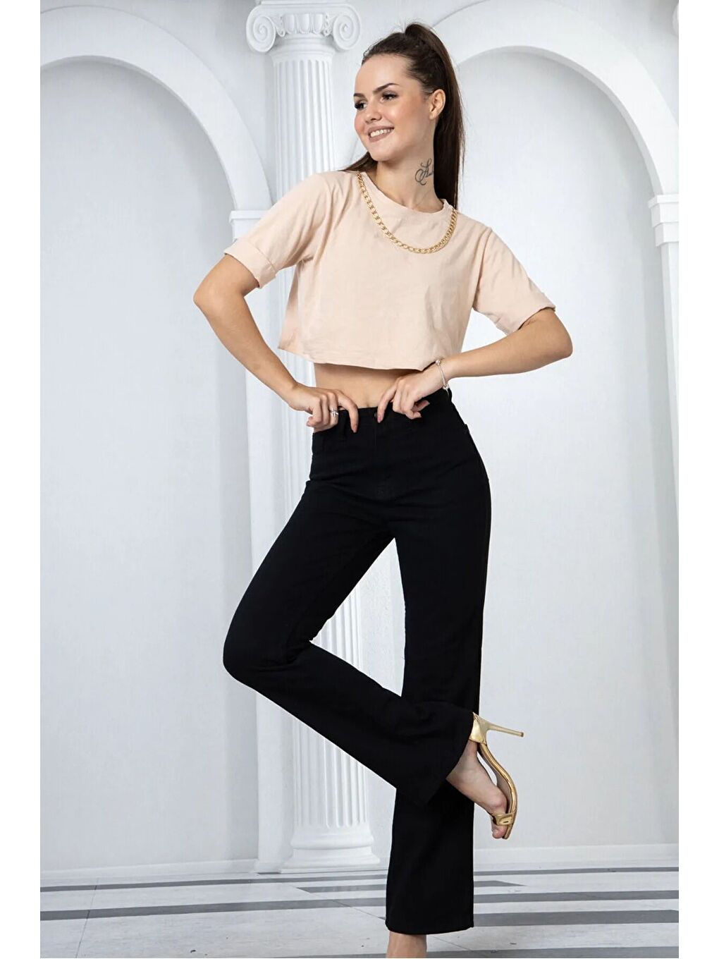 Siyah İspanyol Paça Elastanlı Pantolon