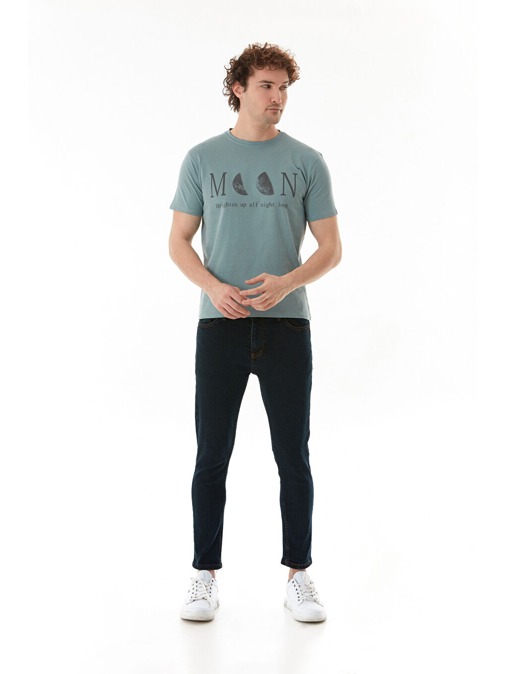 Yeşil Moon Yazı Ve Ay Baskılı Bisiklet Yaka Tişört-1