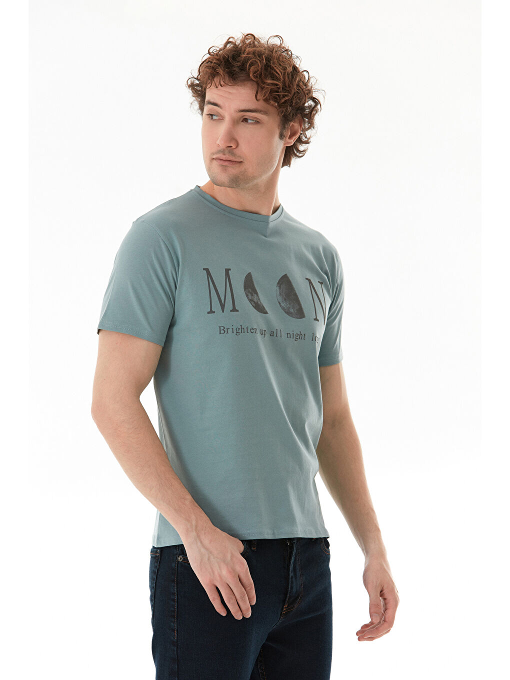 Yeşil Moon Yazı Ve Ay Baskılı Bisiklet Yaka Tişört-2
